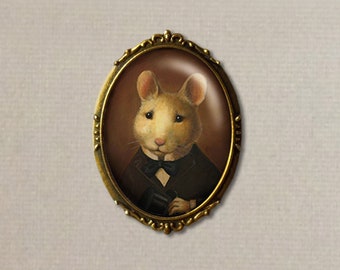 Mouse Brooch, Mouse Pin, Victorian Mouse, Mouse Portrait, White Mouse, Anthropomorphic, Oval Brooch, Doormouse, Cute