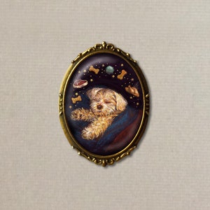 Dog Brooch Dreaming, Dog Pin, Dog Art, Dog Lover's Gift, Maltese, White Dog, Stocking Stuffer, Secret Santa Gift, Christmas Pin image 1