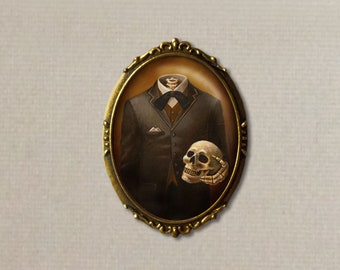 Gothic Victorian Headless Skeleton Brooch - Oval Halloween Ghost Skull Pin or Stocking Stuffer for Christmas