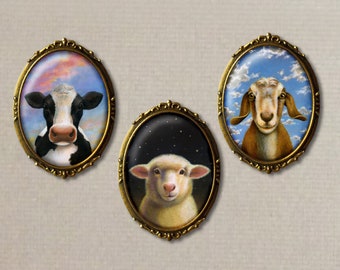 Sheep Brooch, Cow Pin, Goat Brooch , Farm Animal Pin, Barnyard, Country Style, Dairy, Farm Art