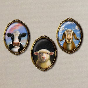 Country Farm Animal Brooch from Original Artwork - Sheep, Cow or Goat Portrait Pin - Barnyard, Dairy Farm Artwork