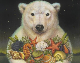 Polar Bear Print, Sea Bear Portrait, Christmas Bear, Arctic, Seashells,  Animal Lover Gift, Christmas Bear,