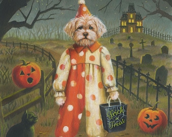 Dog Trick or Treat  Print- Dog Halloween Art - Funny Dog Print - Humorous - Spooky - White Dog - Dog in Costume