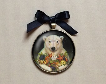 Polar Bear Ornament, Portrait Miniature, Gallery Wall Art, Christmas Bear, Seashells, Arctic,  Stocking Stuffer, Secret Santa