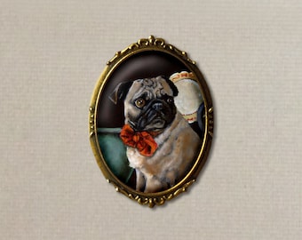 Broche con retrato de perro carlino de obra de arte original, broche con retrato de perro mascota en engaste ovalado en tono dorado