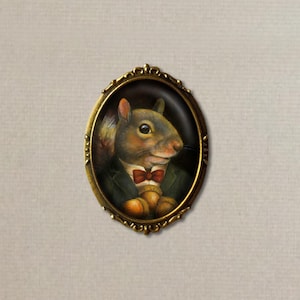 Squirrel Portrait Brooch from Original Artwork - Funny Squirrel In Suit holding Acorns - Oval Gold Tone Setting