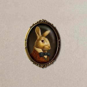 Rabbit Brooch from Original Artwork - Victorian White Rabbit with Pocket Watch Oval Portrait Brooch from Alice in Wonderland