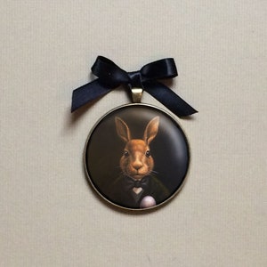 Rabbit Portrait Ornament from Original Artwork  for Christmas or Easter - 2&quot; Round With Hanging Cord and Bow