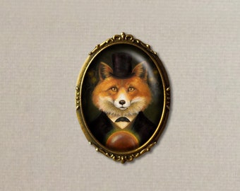 Victoriaanse vosbroche van origineel kunstwerk, gotische ovale vosportretbroche in goudkleurige filigraan met hoge hoed en kristallen bol