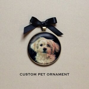This custom pet portrait ornament using a photo of your dog or cat makes a unique gift and heartfelt memorial for any dog or cat owner.  Attach a photo of your pet. I will crop it and retouch it for optimum cuteness and send you a proof to approve.