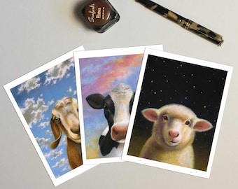 Set of 6 dairy farm themed blank cards including a cow, goat and sheep- Set of 6 with white envelopes