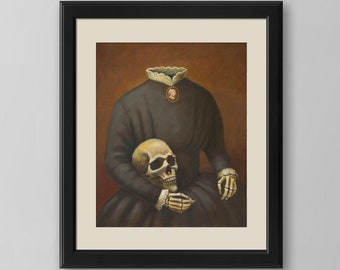 Kopflose viktorianische Gothic Lady Skelett Druck von originaler Zeichnung - gruseliger Halloween Schädel Druck