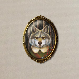 Wolf Art Brooch from Original Artwork - Christmas Wolf in Forest Pin - Secret Santa Gift - Teacher&#39;s Gift