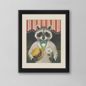 May include: A painting of a raccoon wearing a white suit, a blue bow tie, and a straw hat. The raccoon is holding a white daisy in its right paw. The background is a red and white striped curtain with black stars.