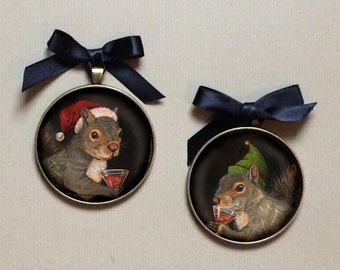 Squirrel Christmas Ornament, Santa Squirrel, Portrait Miniature, Gallery Wall Art, Stocking Stuffer, Miniature Art, Squirrel Lover Gift