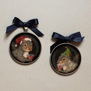 Squirrel Christmas Ornament, Santa Squirrel, Portrait Miniature, Gallery Wall Art, Stocking Stuffer, Miniature Art, Squirrel Lover Gift
