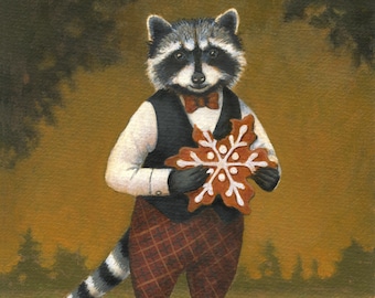 Raccoon Christmas Print, Christmas Cookie, Victorian Christmas, RaccoonArt, Animal Portrait