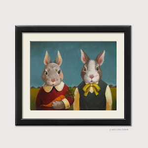 Impresión de pareja de conejos de obras de arte originales - Pareja de conejos divertida y linda para regalo de aniversario, ducha, boda o compromiso