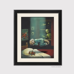 May include: A painting of a dog wearing pajamas floating in the air while sleeping. A green alien is looking in the window. The dog is in a bedroom with a teddy bear on the bed and a poster on the wall that says "Space Dog".
