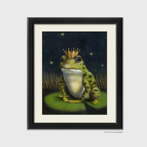 Frog Prince Print from Original Artwork, Frog in Crown on Lily Pad, Kiss the Frog, Prince Charming