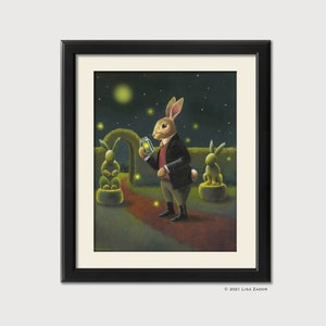 Rabbit Portrait from Original Artwork shown in a Garden Catching Fireflies Print with Topiary by Moonlight