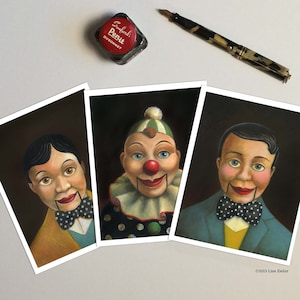 Tarjetas de muñeco y payaso de ventrílocuo, juego de 6 tarjetas en blanco y sobres con un espectáculo paralelo de circo retro, sensación de vodevil