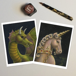 This set of 6 blank dragon and unicorn cards and envelopes feature realistic portraits of these magical creatures. Considered to be mythical animals, these portrait cards are the perfect way to send a handwritten note to a fellow believer.
