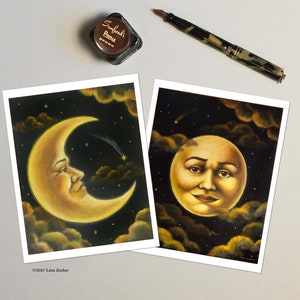 Tarjetas de retratos de arte lunar de obras de arte originales - Luna creciente y luna llena con caras - Tarjetas de hombre de astrología celestial en la luna
