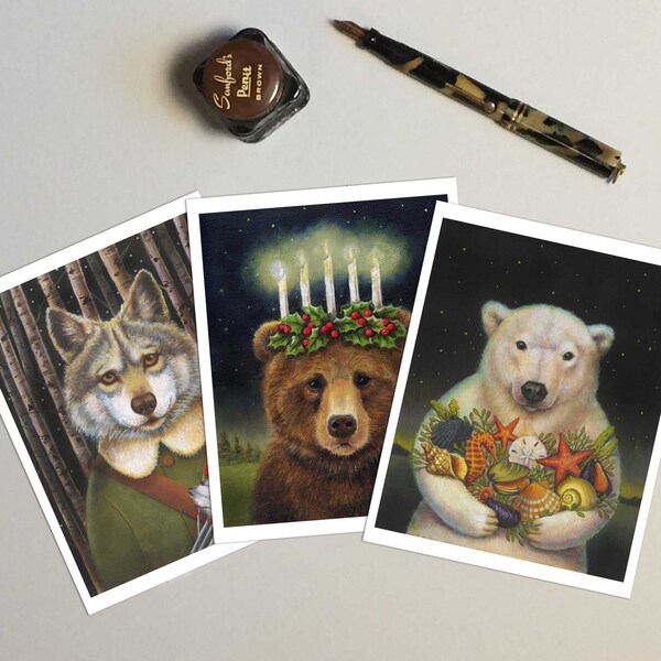 Christmas Bear Cards - Bear Notecard - Wolf Card - Polar Bear Card - Card Set of 6 - Christmas Cards, Animal Card,  Anthropomorphic