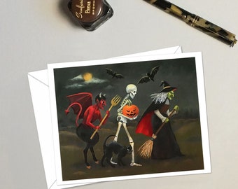 Vintage Halloween Night Cards - Witch, Devil & Skeleton, Set of 6