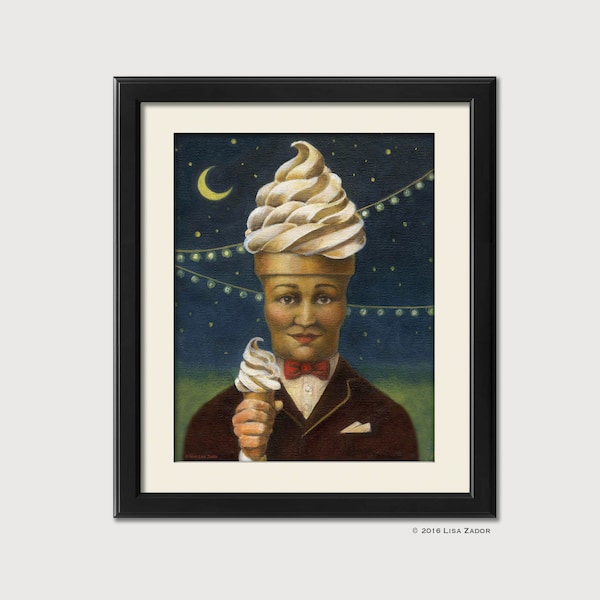Impressão de Ice Cream Cone Man da Original Artwork - Comida antropomórfica, nostálgica, retrô com bandeirinhas