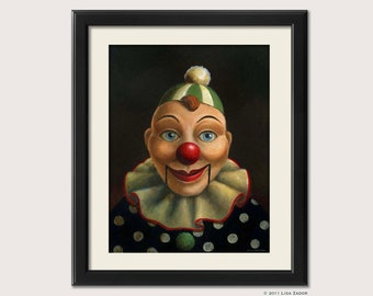 Creepy Clown Ventriloquist Dummy Print from Original Oil Painting Artwork,  Unusual Dark Retro Puppet Portrait
