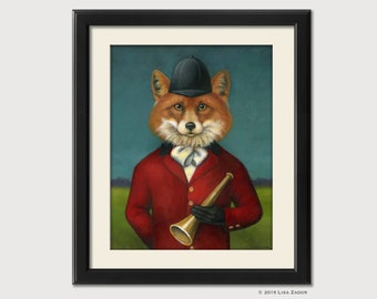 May include: A painting of a fox wearing a red hunting jacket and a black hunting hat, holding a hunting horn. The fox is standing in a field with a blue sky in the background.