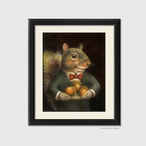 Eichhörnchen Porträt Druck von der Originalkunstwerk - Gentleman Eichhörnchen in Anzug und Krawatte mit einem Tablett Eicheln dargeboten