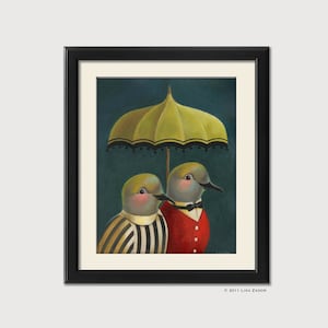 Pareja de palomas con estampado de paraguas de obras de arte originales - Agapornis de paloma de luto- Arte romántico de aves para recién casados, compromiso, regalo de ducha