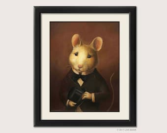 Viktorianisches Maus Portrait Druck von einem handgemalten Original Kunstwerk - Tierportrait in Anzug und Zylinder