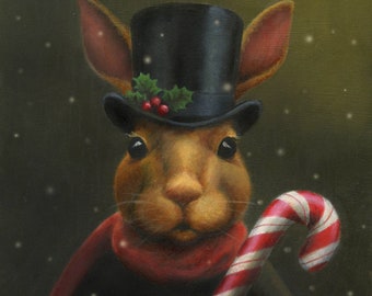 Victorian Christmas Rabbit Print in Top Hat holding a Candy Cane