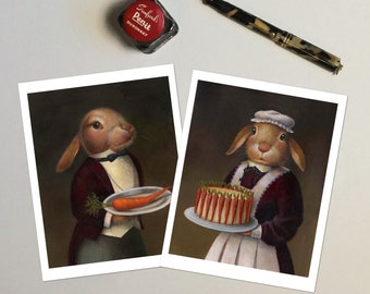 Rabbit Cook and Butler Cards - Rabbit Portrait  notecards - Edwardian - Victorian - Downton Abbey - Animal Portrait - Anglophile - British