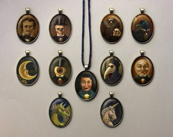 Gothic Halloween Oval Pendant, Victorian, Necklace, Skull, Skeleton, Plague Doctor, Unicorn, Dragon, Moon, Poe,