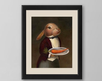 Rabbit Print from Original Artwork - Victorian Butler Serving a Carrot Portrait Print - Animal Portrait