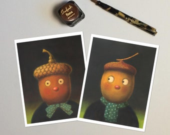 Tarjetas de bellota, tarjetas de otoño, tarjetas de Acción de Gracias, tarjetas de Halloween, cabeza de bellota, bosque, bosque, otoño, antropomórfico