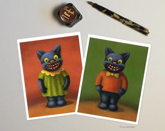 Vintage Halloween-kort med svart katt - läskiga hälsningar, set om 6