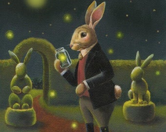 Rabbit in a Garden Catching Fireflies Print with Topiary by Moonlight