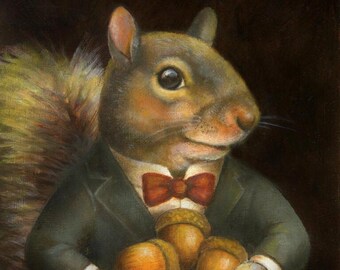 Squirrel Gentleman Portrait Print shown in a suit and tie, offering a tray of acorns