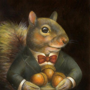 Squirrel Gentleman Portrait Print shown in a suit and tie, offering a tray of acorns