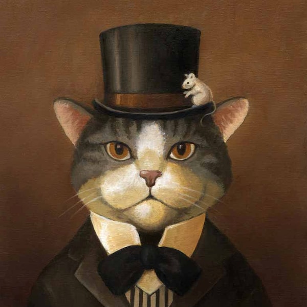 Victorian Cat Portrait Print - Cat in Clothes - Gothic Cat- Cat Art - Cat in Top Hat - Anthropomorphic Cat