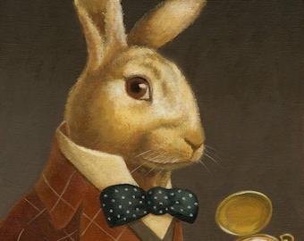 White Rabbit Portrait holding a Pocket Watch Print inspired by Alice in Wonderland