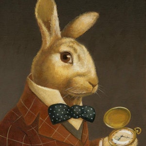 This realistically painted white rabbit in a plaid suit holding a pocket watch is a print of an original painting.  Inspired by Alice in Wonderland would make the perfect gift for any rabbit lover and adds a touch of Victorian whimsy to any room.
