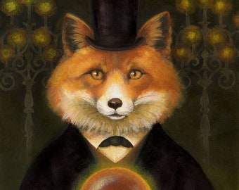 Victorian Fox Portrait Print with Top Hat and Crystal Ball, Spiritualism, Hypnotism, Mesmerism