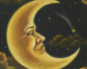 Crescent Moon with Face Print, Man on the Moon in Night Sky with Shooting Stars